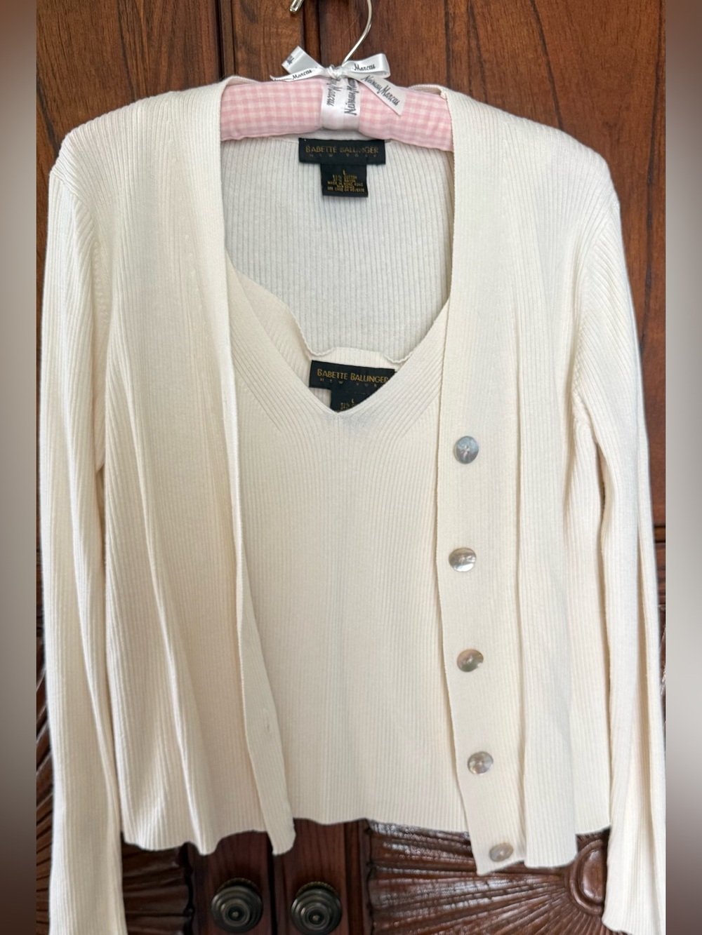 Babette Ballinger Cream Ribbed Two-Piece Cardigan & Tank Sweater Set - Size L